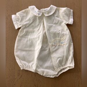 Little Diamonds train bubble romper 6 months cream colored embroidered smocked